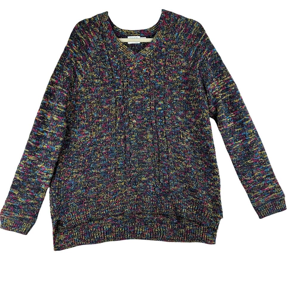 Time & Tru Multicolor Confetti Knit Sweater Women’s Large Cozy V Neck Dark Artsy